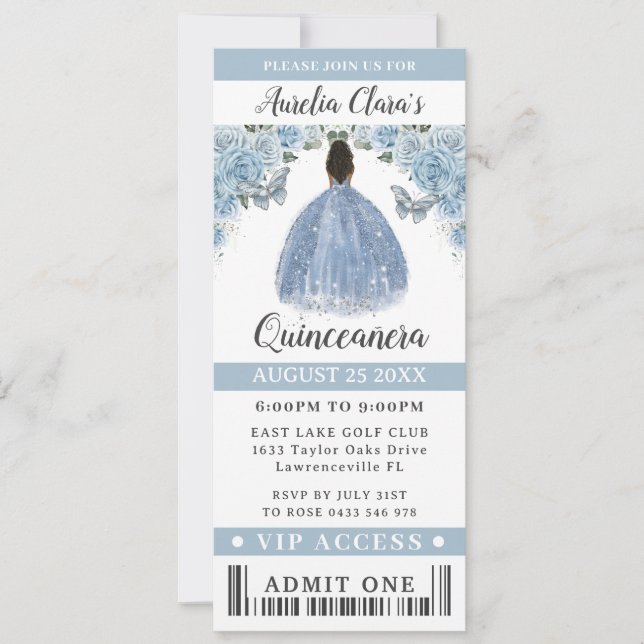 Convite Quinceanera Floral Bebê Azul Doce 16 Bilhete VIP (Frente)