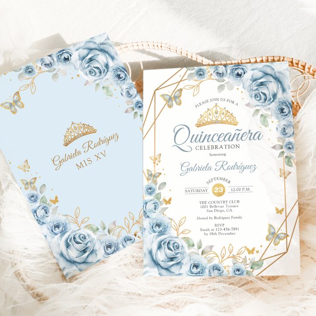 Convite Quinceanera Floral Bebê Azul Dourado (Criador carregado)