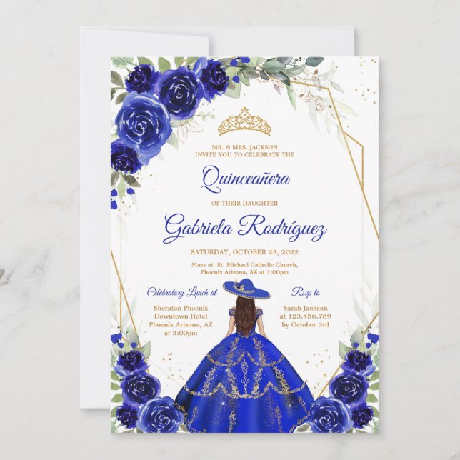 Convite Quinceanera Floral Blue Gold Invitation (Frente)