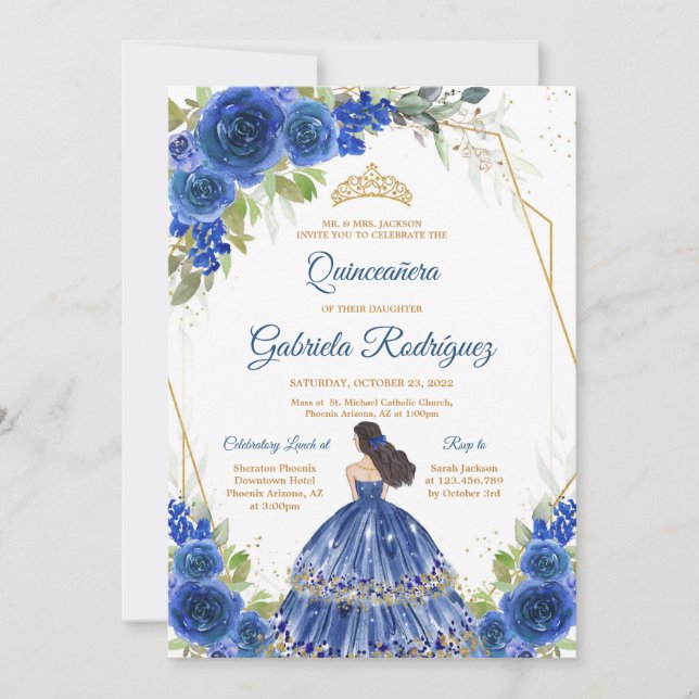 Convite Quinceanera Floral Blue Gold Invitation (Frente)