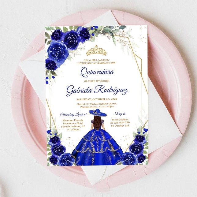 Convite Quinceanera Floral Blue Gold Invitation (Criador carregado)