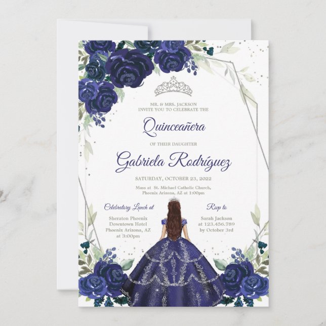 Convite Quinceanera Floral Blue Silver Invitation (Frente)