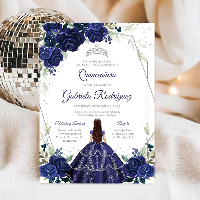 Convite Quinceanera Floral Blue Silver Invitation (Criador carregado)