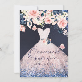 Convite Quinceanera Floral Blush Glitter Marinho Azul