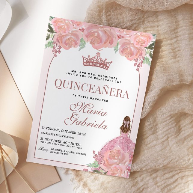 Convite Quinceanera Floral Blush Pink Mis Quince Anos (Criador carregado)