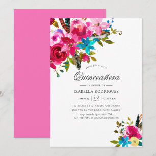 Convite Quinceañera Floral Boho Chic Aquarela Rosa