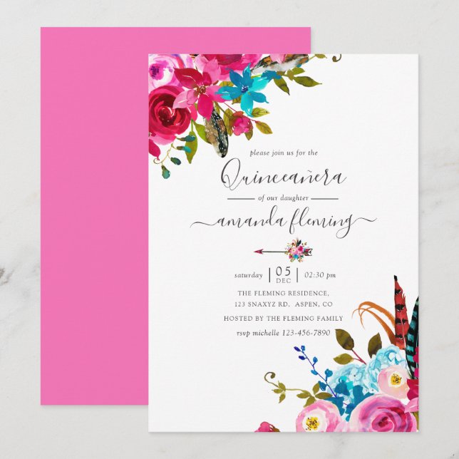 Convite Quinceañera Floral Boho Chic Aquarela Rosa (Frente/Verso)