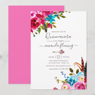 Convite Quinceañera Floral Boho Chic Aquarela Rosa