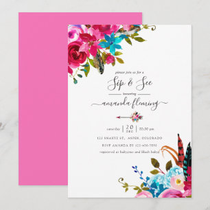 Convite Quinceañera Floral Boho Chic Aquarela Rosa