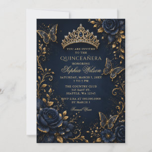 Convite Quinceañera Floral Borboleta Dourada Marinho
