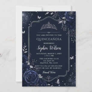 Convite Quinceañera Floral Borboleta Prata Azul-Marinho