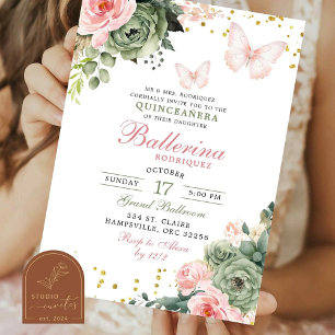 Convite Quinceanera Floral Borboleta Rosa Choque