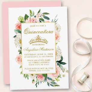 Convite Quinceanera Floral Branco Cor-de-Água Rosa Esbran