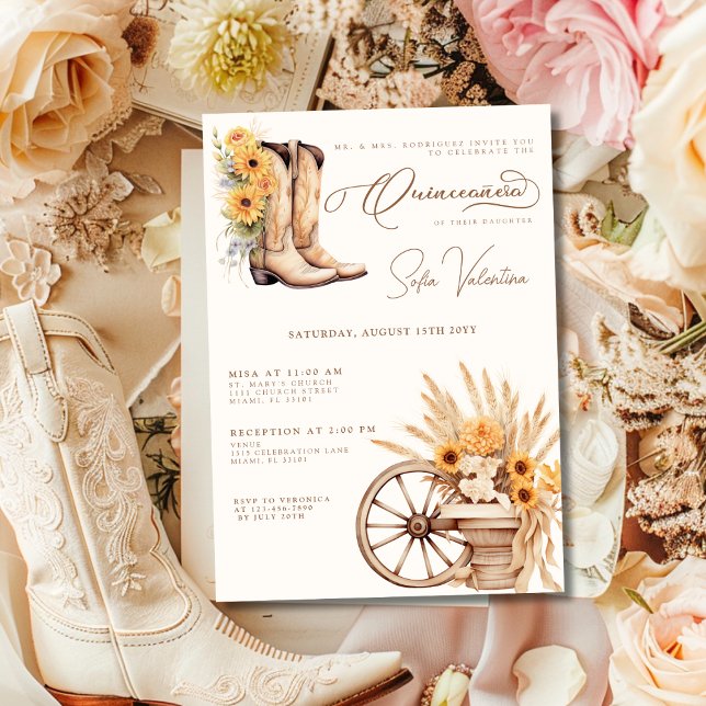 Convite Quinceañera Floral Charro Sunflower Country Russo (Quinceañera Floral Charro Sunflower Country Rustic Invitation)