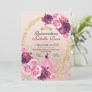 Convite Quinceanera Floral Cinzenta, Dourada, Rosa, XV Año