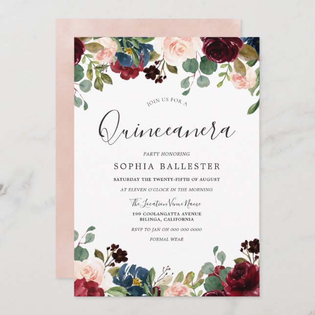 Convite Quinceanera Floral com Cor de Água Blush e Burgund (Frente/Verso)
