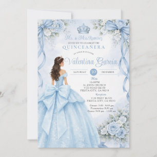 Convite Quinceañera Floral com Laço Azul Desbotado