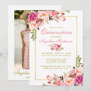 Convite Quinceanera Floral Cor d'Água Rosa Dourada