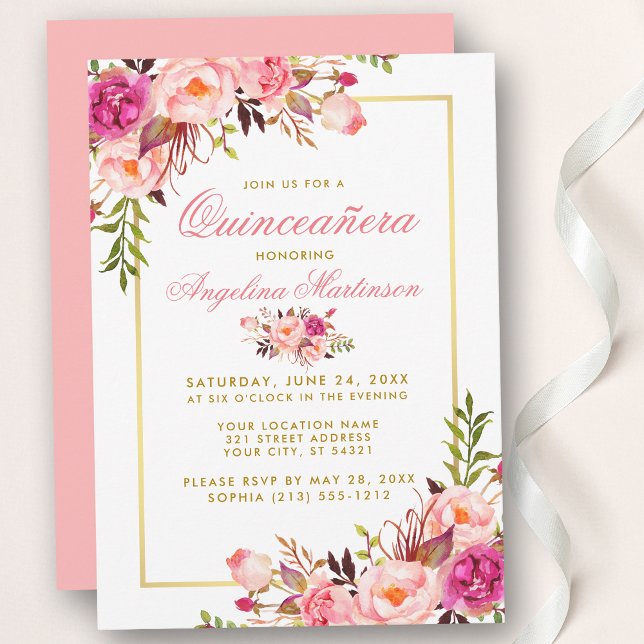 Convite Quinceanera Floral Cor de Água Rosa Dourada (Customize to change text color, style, add text & photos to back or change color of back of card.)