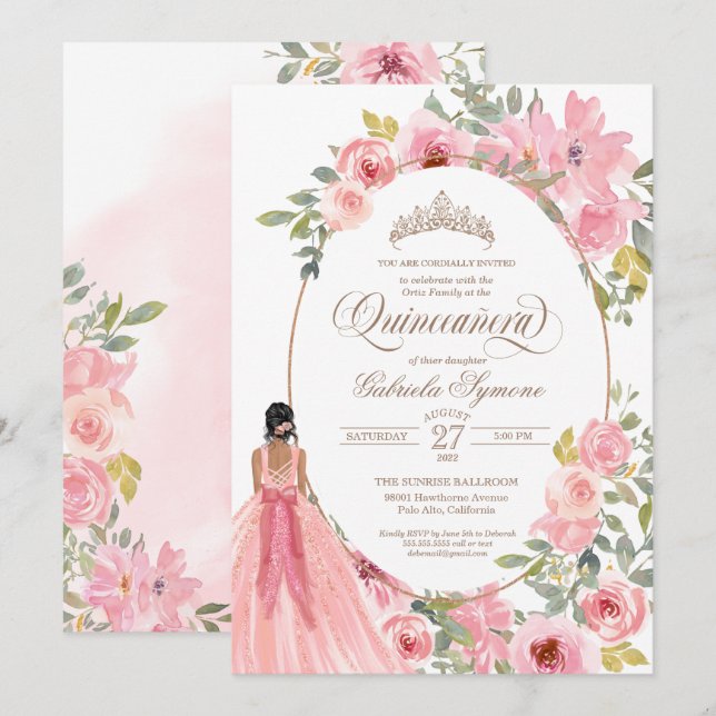Convite Quinceanera Floral Cor de Água Rosa Esbranquiçada (Frente/Verso)