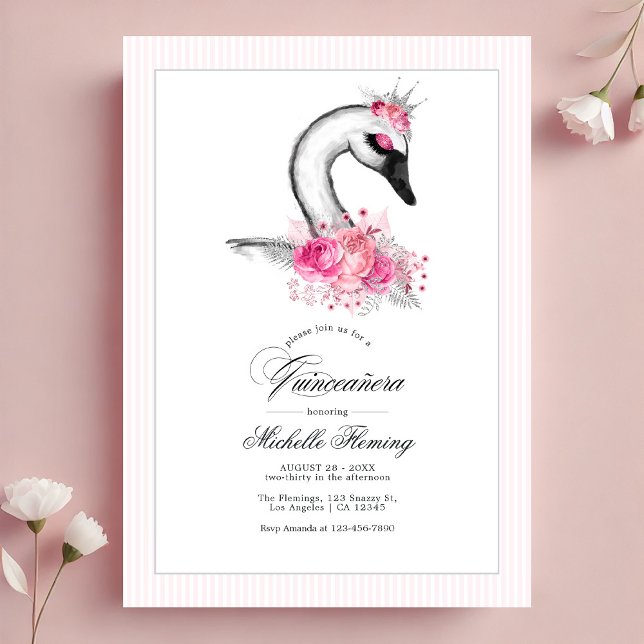 Convite Quinceañera Floral Cor-de-Rosa Branca (White Swan Pink Floral Quinceañera Photo Invitation)