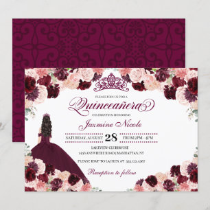 Convite Quinceanera Floral Cor-de-Rosa Burgundy