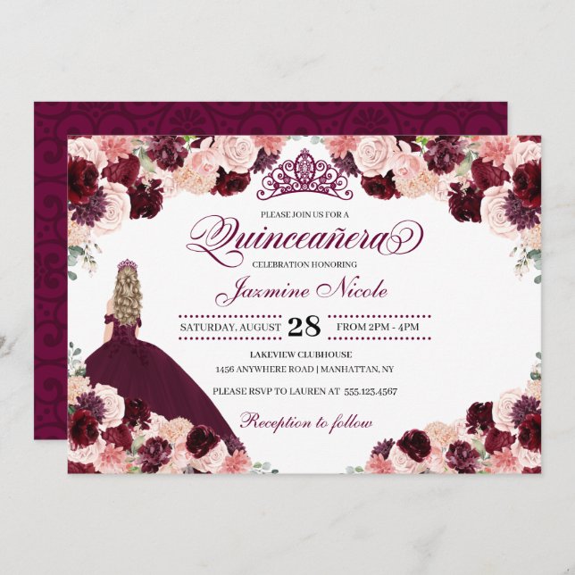 Convite Quinceanera Floral Cor-de-Rosa Burgundy (Frente/Verso)