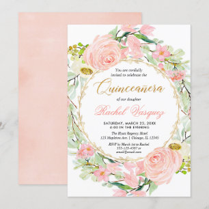 Convite Quinceanera, floral cor-de-rosa e dourado