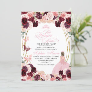Convite Quinceanera Floral Cor-de-Rosa Esbranquiçada Burgu