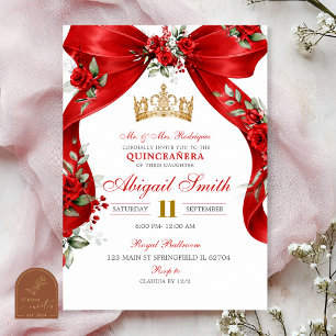 Convite Quinceanera Floral Coroa Coquete Laço Verm