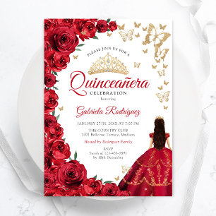 Convite Quinceanera Floral das Rosas vermelhas de Aquarela