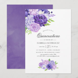 Convite Quinceañera Floral de Aguarela Violeta Ultra