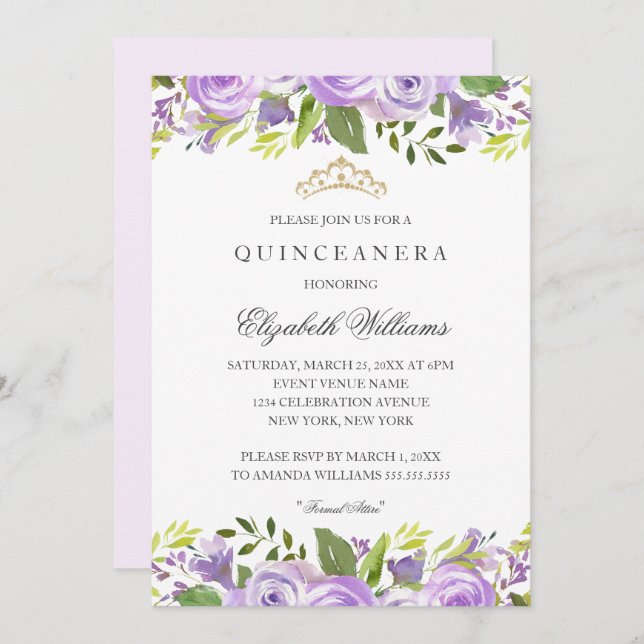 Convite Quinceanera Floral de Aquarela Púrpura (Frente/Verso)