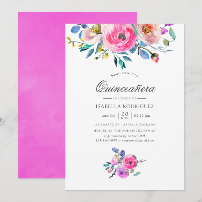 Convite Quinceañera Floral de Aquarela Rosa-Intenso (Frente/Verso)