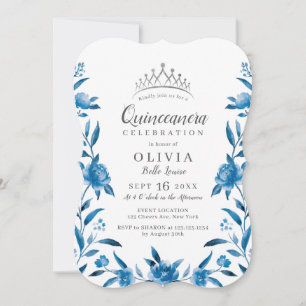 Convite Quinceanera floral de cor branca e azul