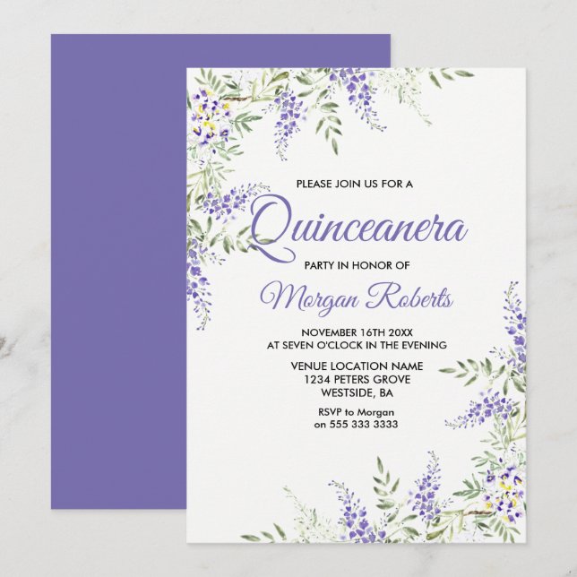 Convite Quinceanera Floral de Lavanda Roxo Elegante (Frente/Verso)