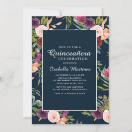 Convite Quinceañera Floral de Marinho Rosa Esmagado