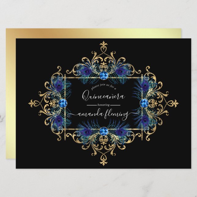 Convite Quinceañera Floral de Peacock Azul e Dourada (Frente/Verso)