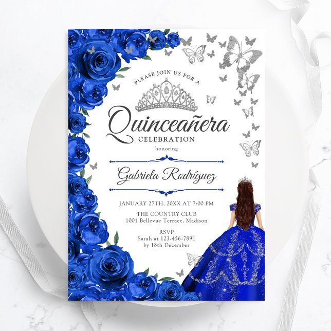 Convite Quinceanera Floral de Prata Azul (Criador carregado)