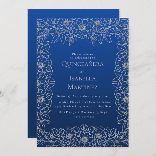 Convite Quinceañera Floral de Prata Azul Real 15 (Frente/Verso)