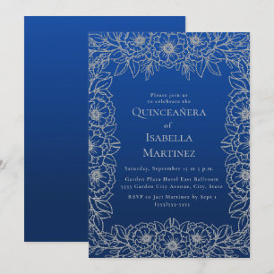 Convite Quinceañera Floral de Prata Azul Real 15