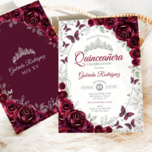 Convite Quinceanera Floral de Prata Borgonha