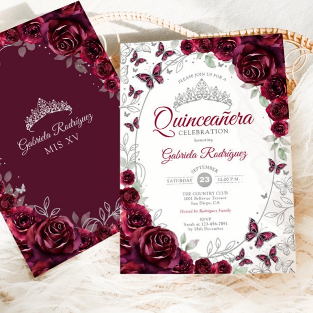 Convite Quinceanera Floral de Prata Borgonha (Criador carregado)
