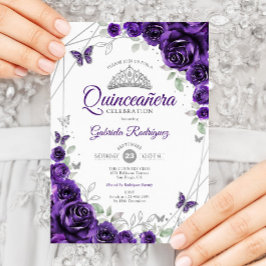 Convite Quinceanera Floral de Prata Roxa