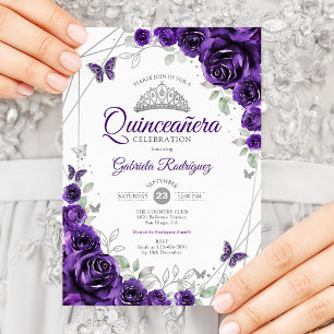 Convite Quinceanera Floral de Prata Roxa