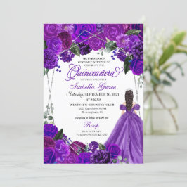 Convite Quinceanera Floral de Prata Roxa Elegante Aniversá