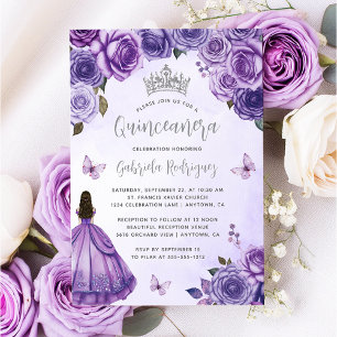 Convite Quinceañera Floral de Prata Roxa em Aquarela
