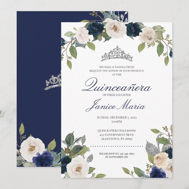Convite Quinceañera Floral de Tiara Azul e Prata (Frente/Verso)