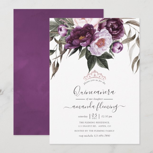 Convite Quinceañera Floral de Veludo Profundo (Frente/Verso)