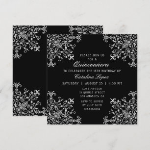 Convite Quinceañera Floral do Ornamentado de Prata Preto